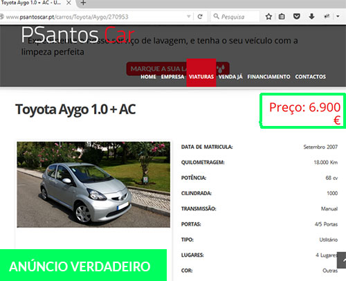 Anúncio verdadeiro de venda do Toyota Aygo. Burlões copiaram a foto e os dados deste anúncio.