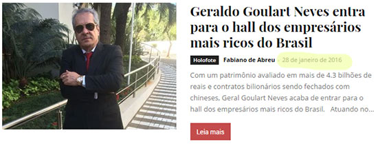 Notícia do bilionário de mentira Geraldo Goulart Neves. Piramideiros pagaram para publicar tretas com o intuito de criar personagem de bilionário..