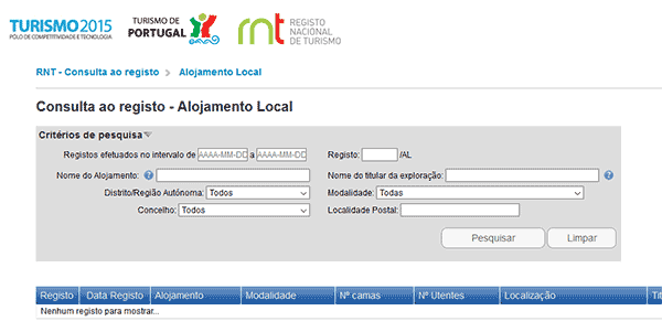 Site de consulta do Registo de Alojamento Local