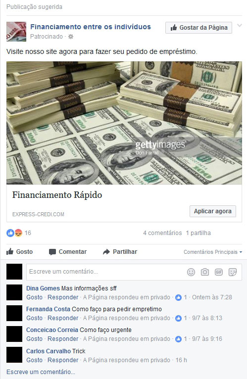Exemplo dos anúncios da Burla online dos Empréstimos falsos no Facebook
