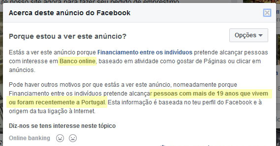Exemplo dos anúncios da Burla online dos Empréstimos falsos no Facebook