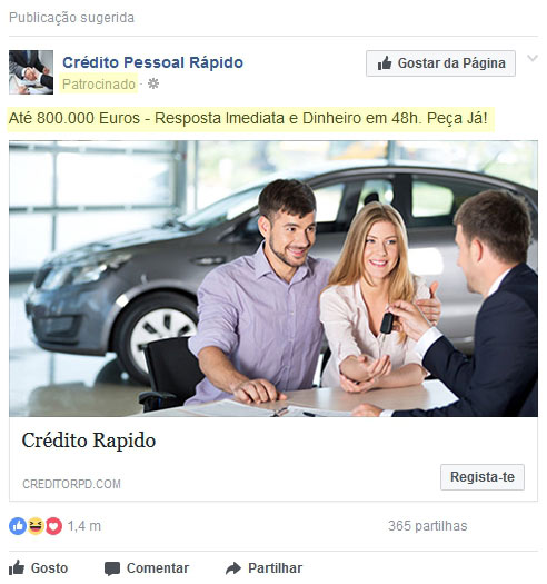 Exemplo dos anúncios da Burla online dos Empréstimos falsos no Facebook