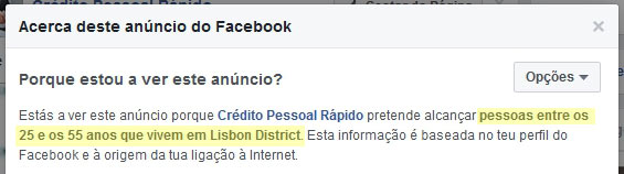 Exemplo dos anúncios da Burla online dos Empréstimos falsos no Facebook