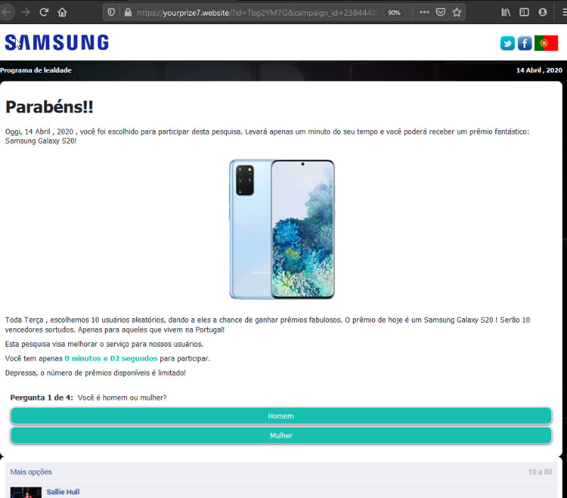 Anúncio falso do Samsung S20