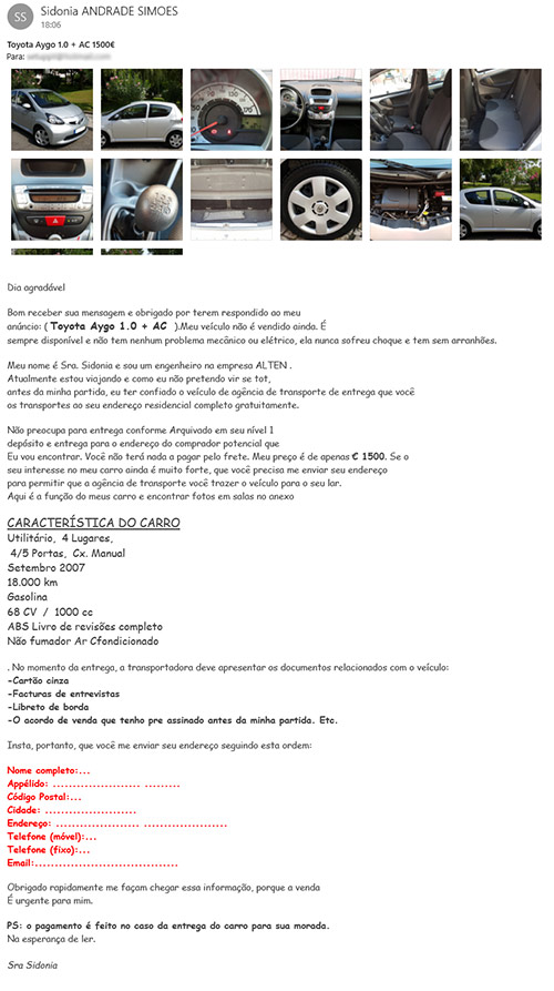 Resposta do burlão que publicou anúncio falso do Toyota Aygo