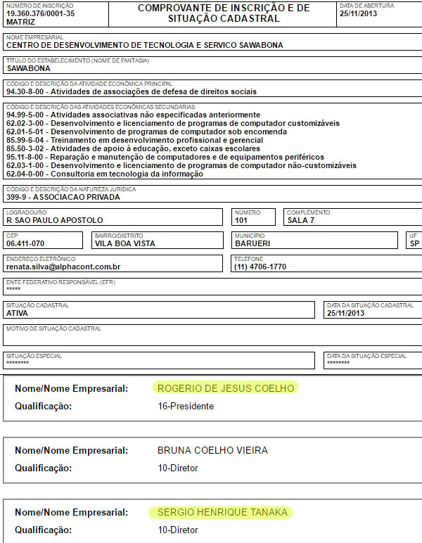 Dados da empresa fantasma de Sérgio Tanaka, registada no mesmo endereço que a GO LIBERTY DO BRASIL. (fonte: receita.fazenda.gov.br)
