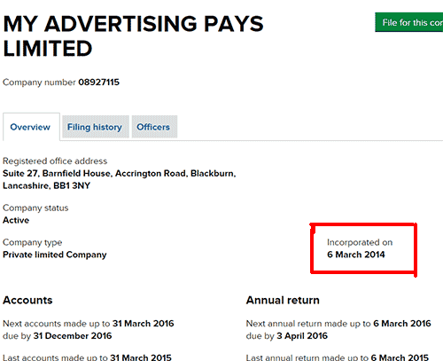 Empresa inativa MY ADVERTISING PAYS LIMITED registada em março de 2014 na Inglaterra.