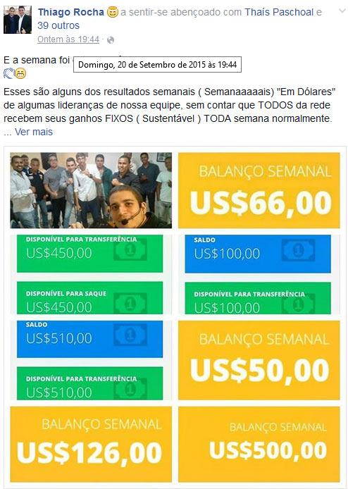 Imagens de dinheiro virtual do backoffice usadas para recrutar novas vítimas.