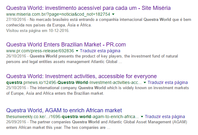 Notícias pagas da fraude Questra World