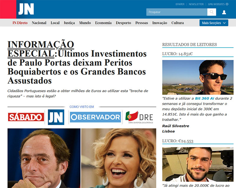Página fake news de Paulo Portas e Cristina Ferreira