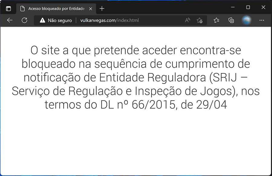 Site vulkanvegas.com está bloqueado em Portugal