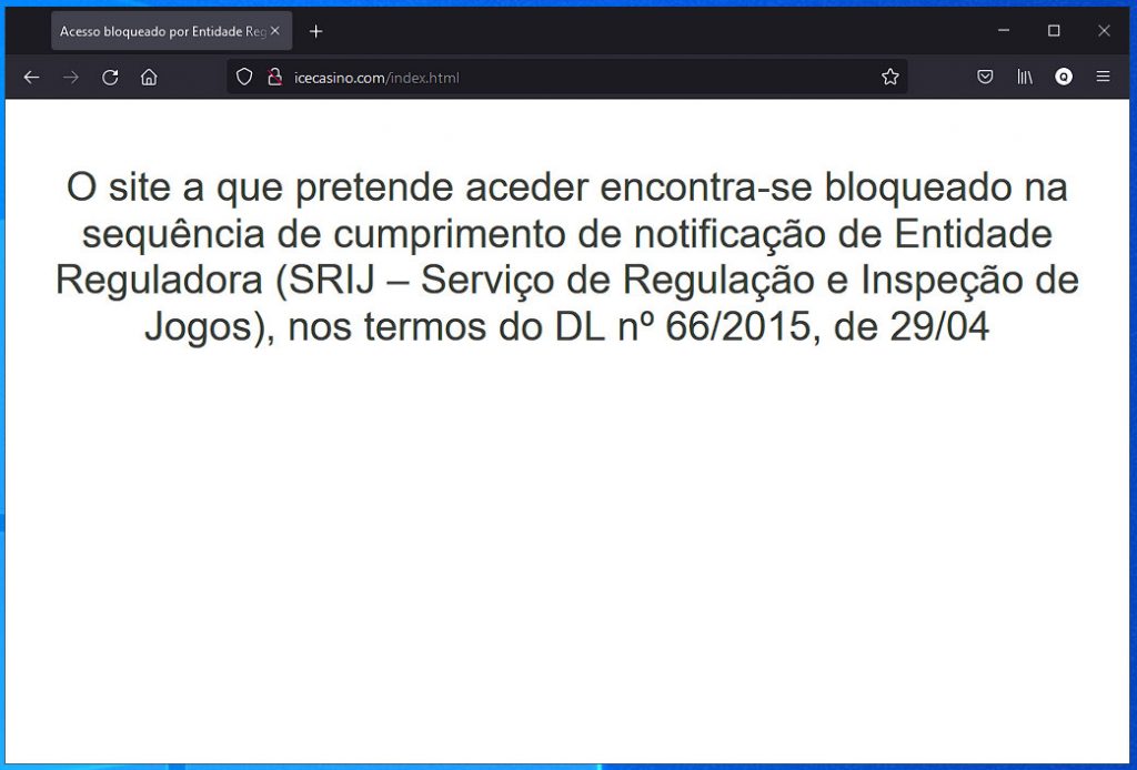 Site icecasino.com bloqueado em Portugal pelos Serviços de Regulação e Inspeção de Jogos do Turismo Portugal