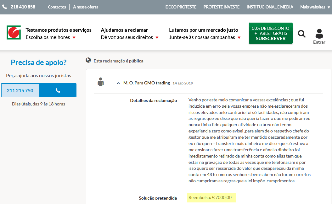 Queixa GMO Trading no site da DECO de uma das muitas vítimas em Portugal.