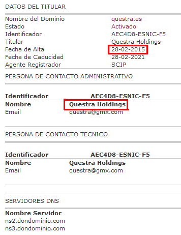 WHOIS domínio questra.es