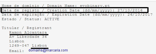 WHOIS domínio evobinary.pt